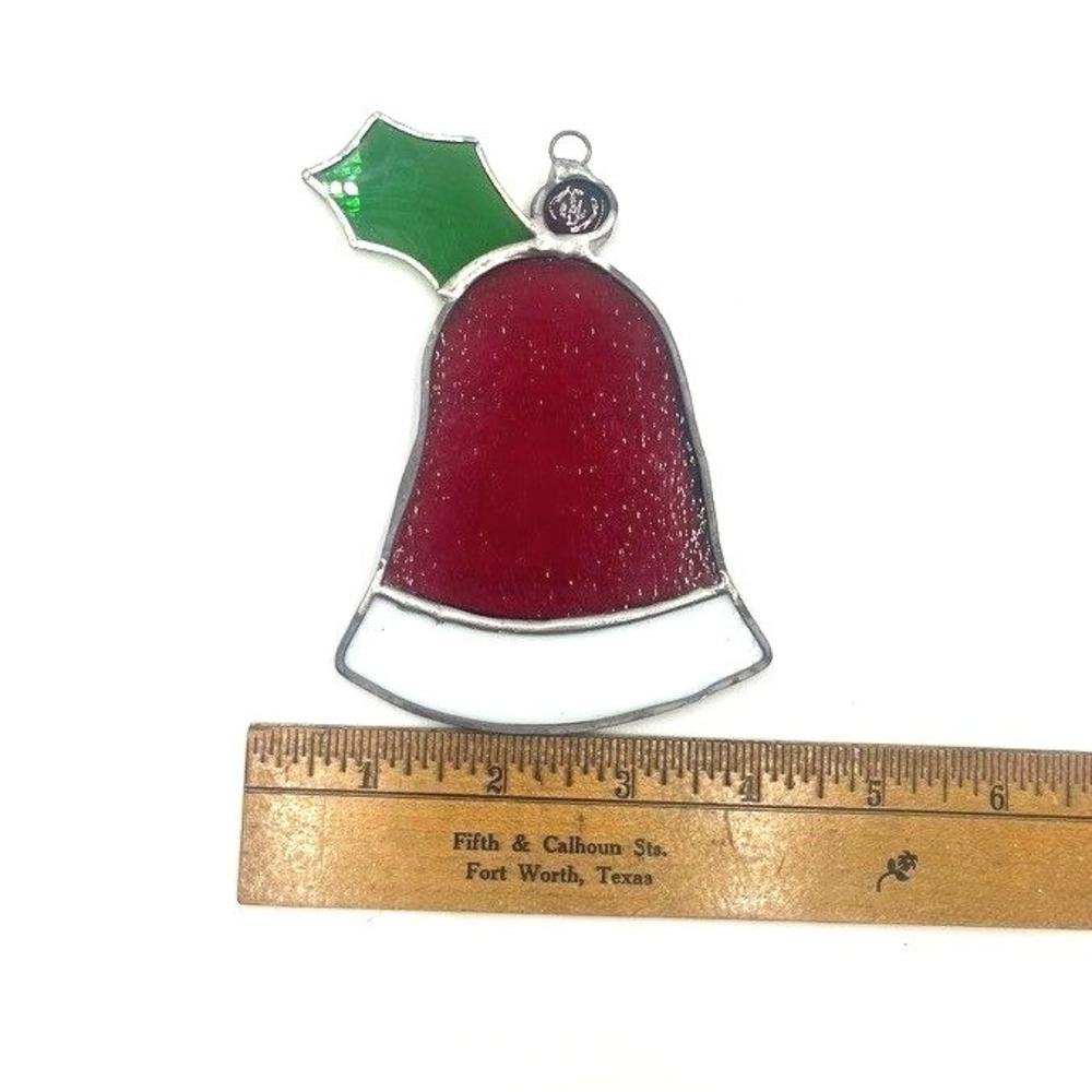Stained Glass Christmas Bell Ornament Holly Accent Red White Festive Holiday - Picture 3 of 3